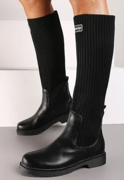 Czarne Płaskie Kozaki z Elastyczną Cholewką Hanine