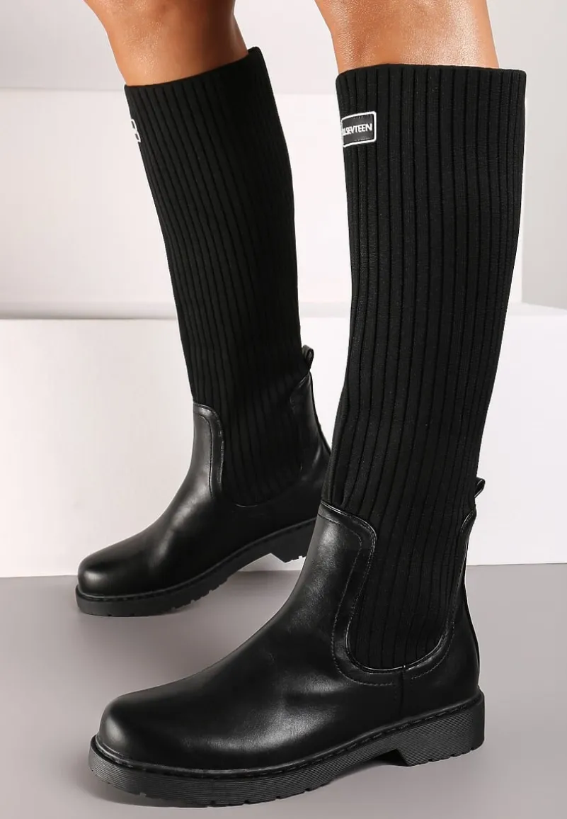 Czarne Płaskie Kozaki z Elastyczną Cholewką Hanine