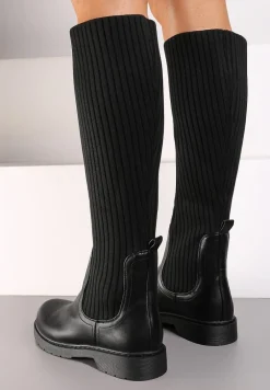 Czarne Płaskie Kozaki z Elastyczną Cholewką Hanine