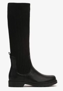 Czarne Płaskie Kozaki z Elastyczną Cholewką Hanine