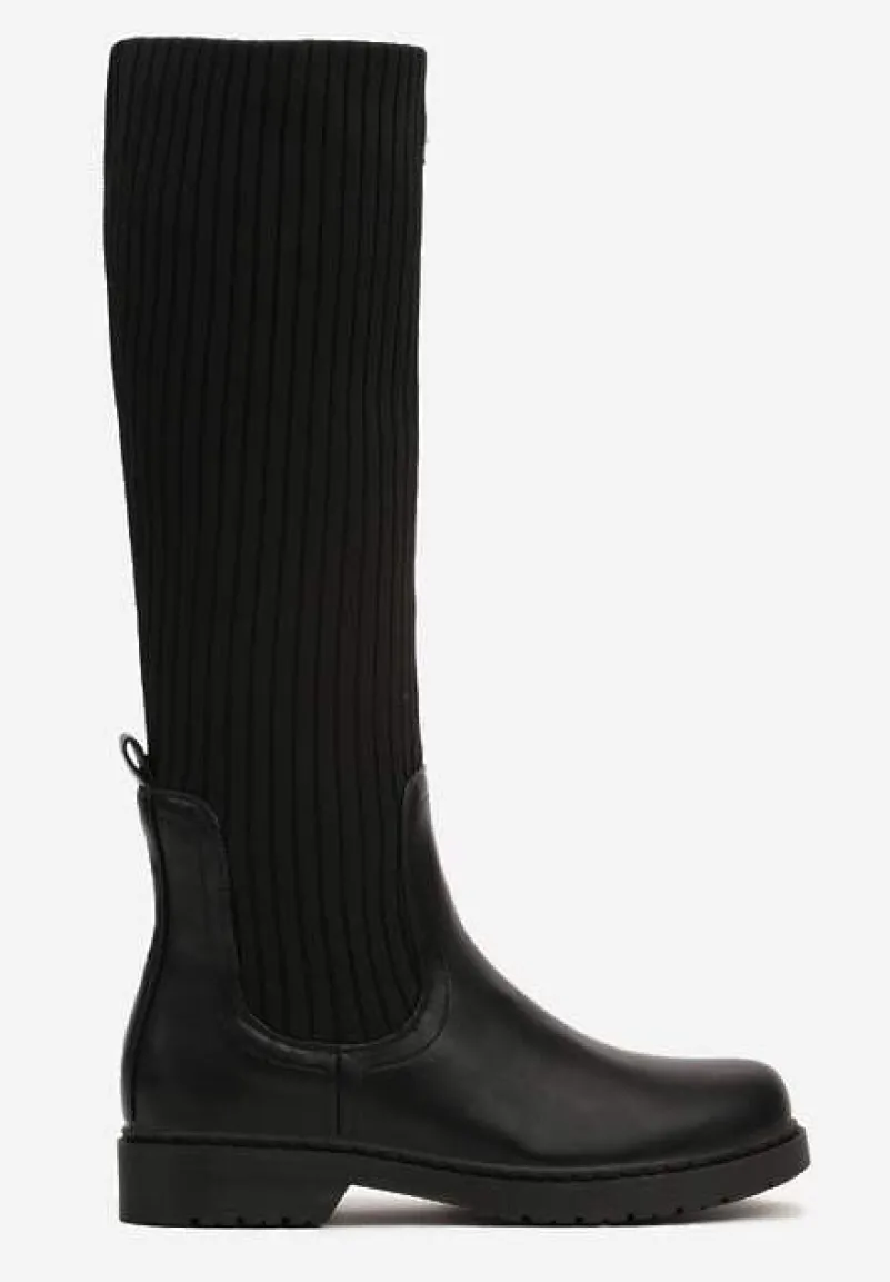 Czarne Płaskie Kozaki z Elastyczną Cholewką Hanine