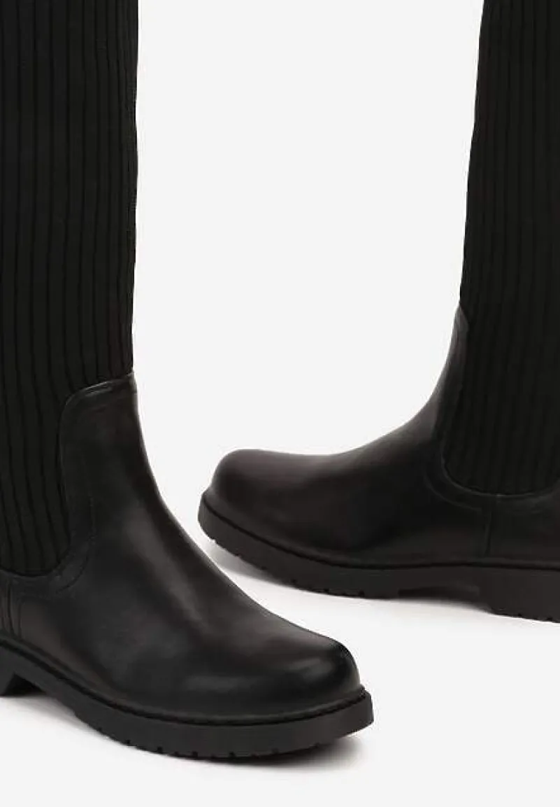 Czarne Płaskie Kozaki z Elastyczną Cholewką Hanine