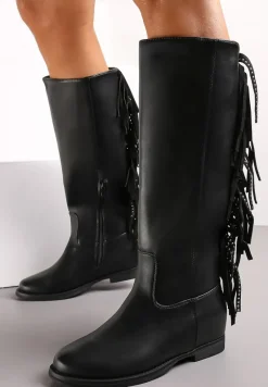 Czarne Płaskie Kozaki z Frędzlami w Stylu Kowbojek Volpe