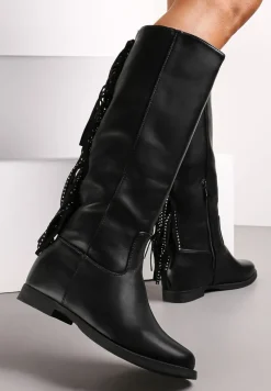 Czarne Płaskie Kozaki z Frędzlami w Stylu Kowbojek Volpe