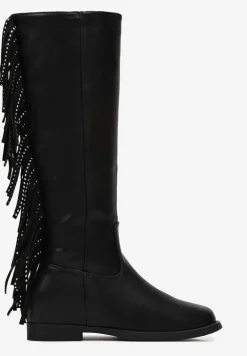 Czarne Płaskie Kozaki z Frędzlami w Stylu Kowbojek Volpe