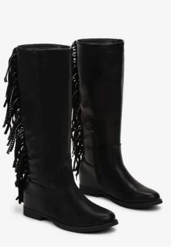 Czarne Płaskie Kozaki z Frędzlami w Stylu Kowbojek Volpe