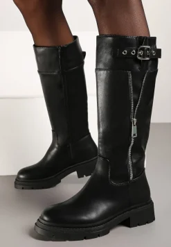 Czarne Płaskie Kozaki z Ozdobnym Paskiem i Suwakiem Terinka