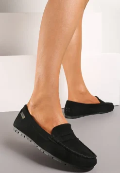 Czarne Płaskie Mokasyny o Klasycznym Fasonie z Przeszyciem Wenniva