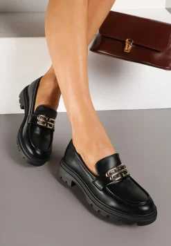 Czarne Płaskie Mokasyny z Metaliczną Aplikacją Milidi