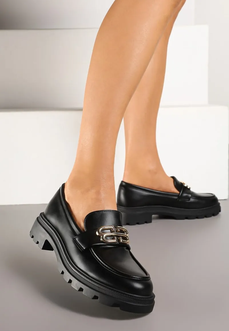 Czarne Płaskie Mokasyny z Metaliczną Aplikacją Milidi
