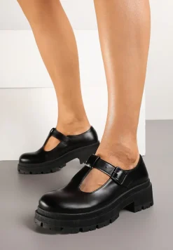 Czarne Płaskie Półbuty z Paskami na Sprzączkę Elosie