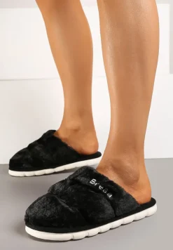 Czarne Płaskie Pikowane Kapcie Ozdobione Futerkiem Learial