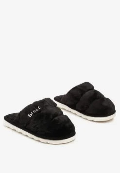 Czarne Płaskie Pikowane Kapcie Ozdobione Futerkiem Learial