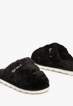 Czarne Płaskie Pikowane Kapcie Ozdobione Futerkiem Learial