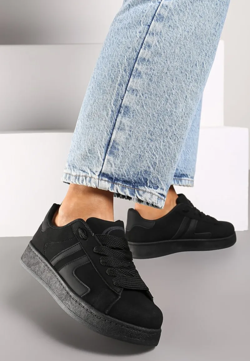 Czarne Płaskie Sneakersy Sznurowane z Paskami Artomi