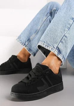 Czarne Płaskie Sneakersy Sznurowane z Paskami Artomi