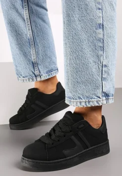 Czarne Płaskie Sneakersy Sznurowane z Paskami Artomi