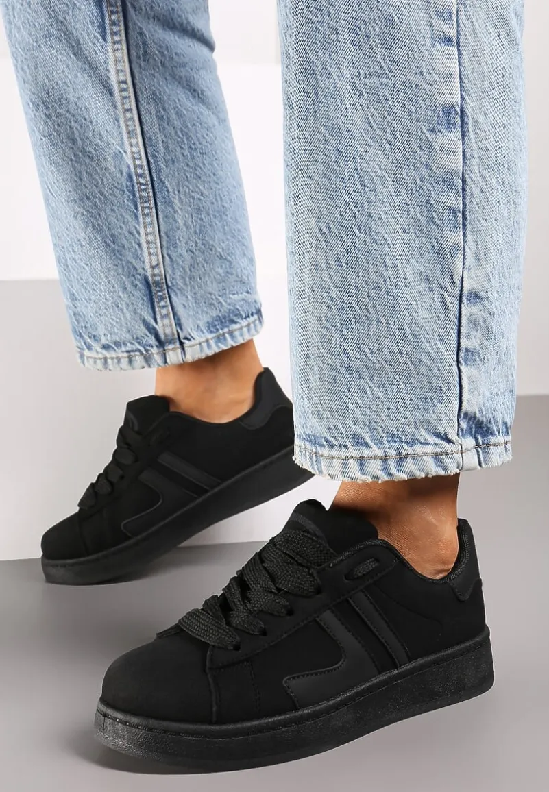 Czarne Płaskie Sneakersy Sznurowane z Paskami Artomi
