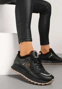 Czarne Płaskie Sznurowane Sneakersy Ocieplane Ozdobione Metalicznymi Aplikacjami Delanoria
