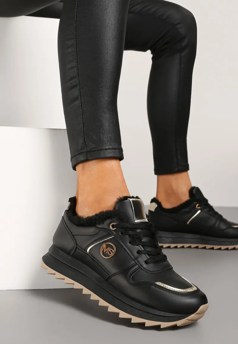 Czarne Płaskie Sznurowane Sneakersy Ocieplane Ozdobione Metalicznymi Aplikacjami Delanoria
