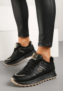 Czarne Płaskie Sznurowane Sneakersy Ocieplane Ozdobione Metalicznymi Aplikacjami Delanoria