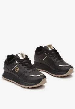 Czarne Płaskie Sznurowane Sneakersy Ocieplane Ozdobione Metalicznymi Aplikacjami Delanoria