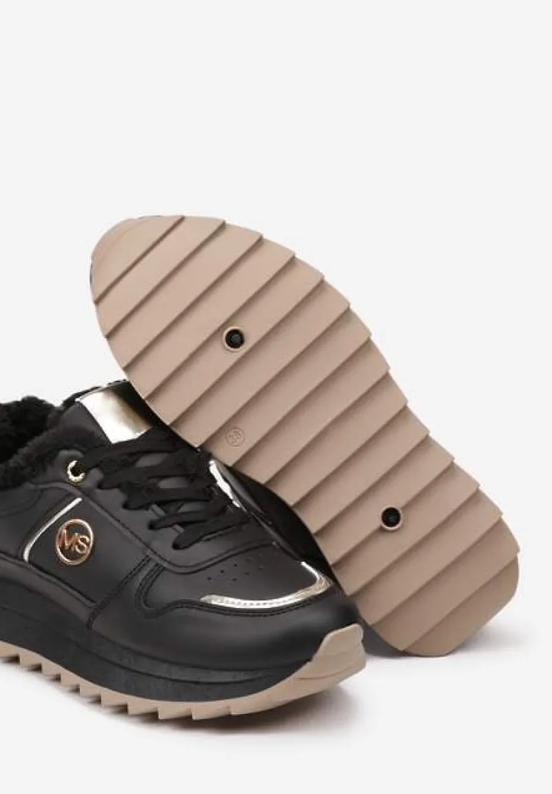 Czarne Płaskie Sznurowane Sneakersy Ocieplane Ozdobione Metalicznymi Aplikacjami Delanoria