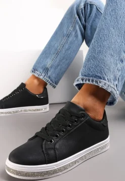 Czarne Płaskie Tenisówki na Podeszwie z Cyrkoniami i Sznurowaniem Niamsta