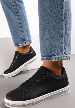 Czarne Płaskie Tenisówki na Podeszwie z Cyrkoniami i Sznurowaniem Niamsta