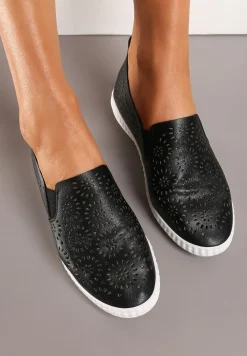 Czarne Płaskie Tenisówki z Imitacji Skóry o Ażurowym Wykończeniu Riavella