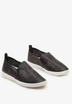 Czarne Płaskie Tenisówki z Imitacji Skóry o Ażurowym Wykończeniu Riavella