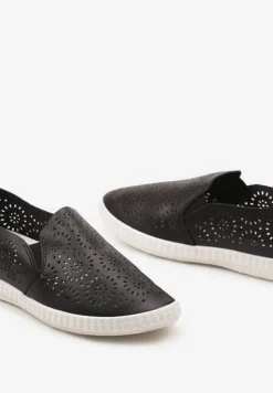 Czarne Płaskie Tenisówki z Imitacji Skóry o Ażurowym Wykończeniu Riavella