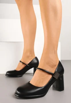 Czarne Półbuty Czółenka na Słupkowym Obcasie ze Skórzaną Wkładką i Aplikacją Sadeirae