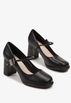 Czarne Półbuty Czółenka na Słupkowym Obcasie ze Skórzaną Wkładką i Aplikacją Sadeirae