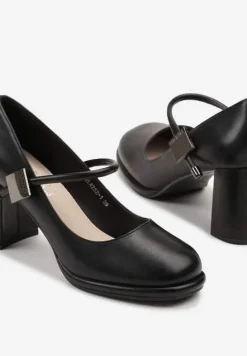 Czarne Półbuty Czółenka na Słupkowym Obcasie ze Skórzaną Wkładką i Aplikacją Sadeirae