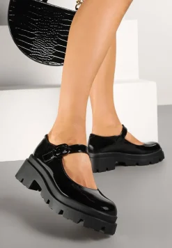Czarne Półbuty Lakierowane na Platformie i Słupku w Stylu Mary Jane Omela