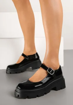Czarne Półbuty Lakierowane na Platformie i Słupku w Stylu Mary Jane Omela