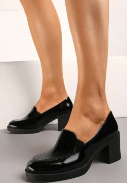 Czarne Półbuty Lakierowane na Wysokim Słupku z Wkładką ze Skóry Naturalnej Naeltia