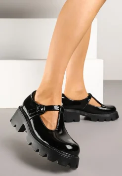 Czarne Półbuty Lakierowane na Platformie i Słupku Ozdobione Sprzączkami i Paskami Leralee