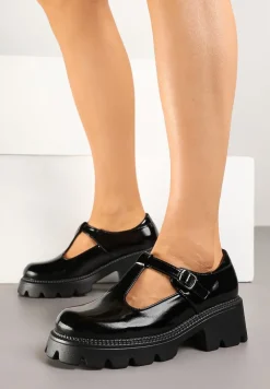 Czarne Półbuty Lakierowane na Platformie i Słupku Ozdobione Sprzączkami i Paskami Leralee
