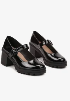 Czarne Półbuty Lakierowane na Słupku Wykończone Ozdobną Sprzączką Elenaria
