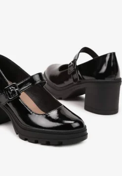 Czarne Półbuty Lakierowane na Słupku Wykończone Ozdobną Sprzączką Elenaria