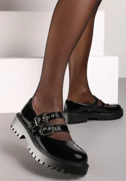 Czarne Półbuty Lakierowane na Platformie Ozdobione Paskami i Sprzączkami Eriseli