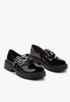 Czarne Półbuty Lakierowane na Platformie Ozdobione Paskami i Sprzączkami Eriseli