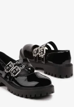 Czarne Półbuty Lakierowane na Platformie Ozdobione Paskami i Sprzączkami Eriseli