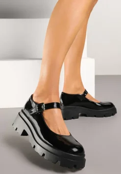 Czarne Półbuty Lakierowane na Platformie i Słupku Zapinane na Sprzączkę Anedela