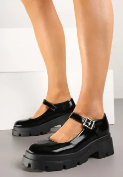 Czarne Półbuty Lakierowane na Platformie i Słupku Zapinane na Sprzączkę Anedela