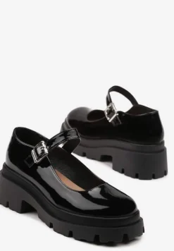 Czarne Półbuty Lakierowane na Platformie i Słupku Zapinane na Sprzączkę Anedela