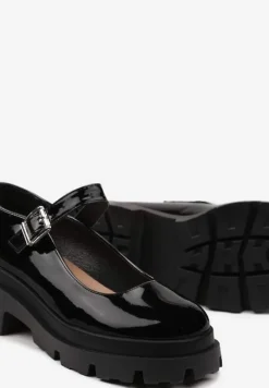 Czarne Półbuty Lakierowane na Platformie i Słupku Zapinane na Sprzączkę Anedela