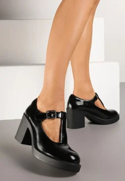 Czarne Półbuty Lakierowane na Słupku z Ozdobnymi Paskami Naliefra